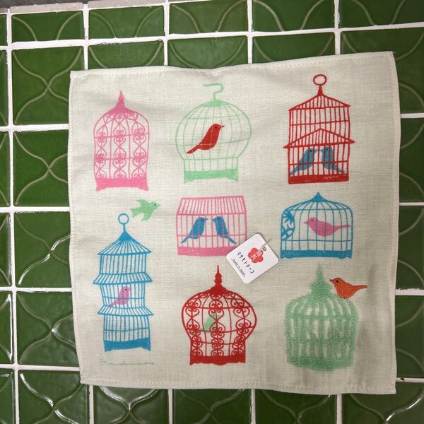 ハンカチ 鳥かご柄 一部刺繍