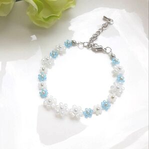 Bouquetラムネブルー ビーズ編みブレスレット