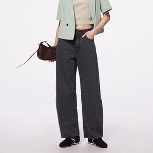GU/バレルレッグジーンズ M ダークグレー 丈標準