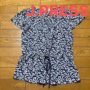 【美品】J.PRESS ジェイプレス チュニックブラウス カットソー ブラウス ネイビー×くすみホワイト 日本製 オンワード