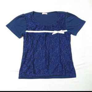 Tシャツ 半袖 カットソー トップス L レース オフィスカジュアル ネイビー 通勤 仕事 スーツ きれいめ ゆったり