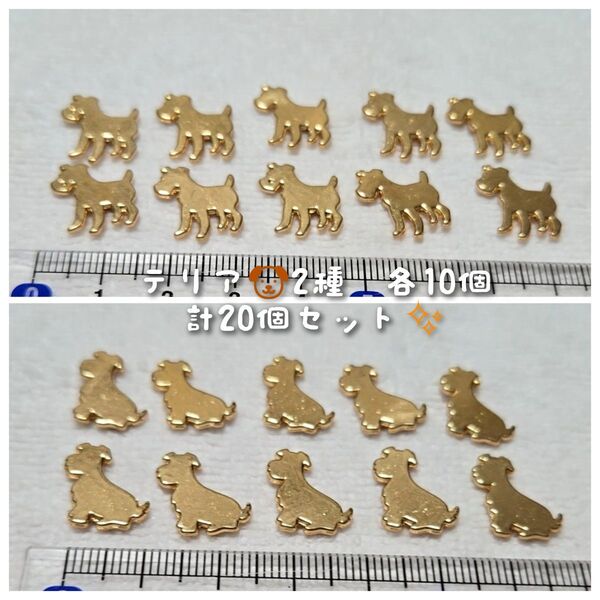 (訳あり)メタルパーツ マットゴールド 犬 テリア ヨークシャーテリア 2種 計20個セット