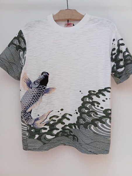 花旅楽団 昇り龍 鯉 刺繍 Tシャツ 半袖Tシャツ ホワイト 古着 半袖 和柄 メンズ sサイズ カットソー
