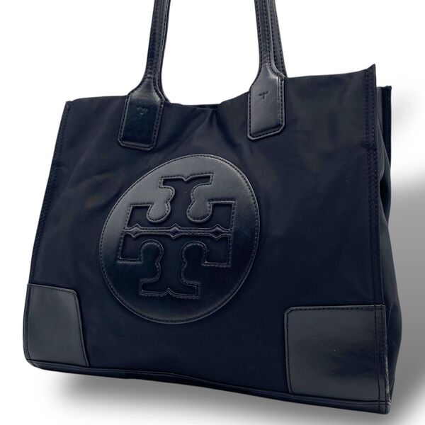Tory Burch トリーバーチ トートバッグ ハンド 肩掛け エラ ナイロン レザー デカロゴ ビッグロゴ A4 大容量 黒