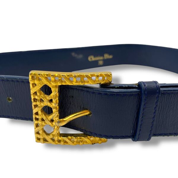 希少◎ Christian Dior ディオール ベルト レザー カナージュ ヴィンテージ ゴールド金具 ネイビー 紺