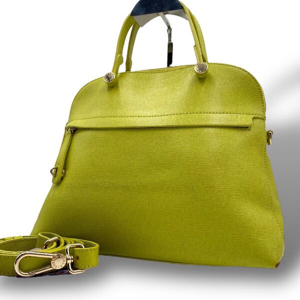 FURLA フルラ パイパー M 2WAY ショルダーバッグ ハンドバッグ グリーン 黄緑 裏地総柄 レザー ゴールド金具