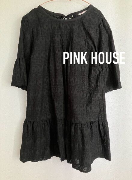 PINK HOUSE トップス 黒 ブラック チェニック ピンクハウス ブラウス プルオーバー ワンピース チュニック