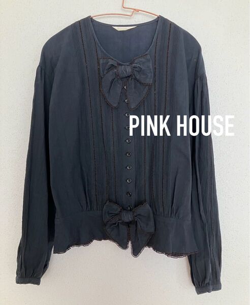 PINK HOUSE ブラウス トップス 黒 ブラック ピンクハウス シャツ オールド カネコイサオ 金子功 リボン はしごレース