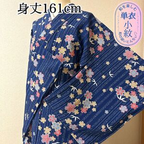 k173 単衣 薄物 夏着物 身丈161cm 濃青 黄土色 くすみピンク 軽快 観劇