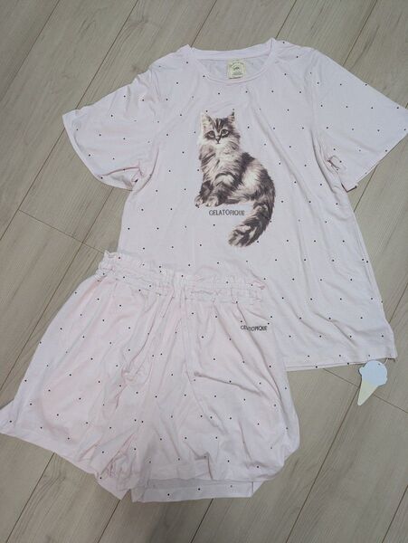 ジェラートピケ 猫 ドット柄 パジャマ ルームウェア 上下セット 半袖 新品未使用タグ付き
