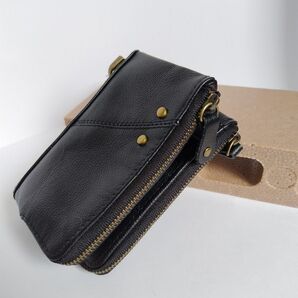 【device】ダブルジップ 2つ折り 財布 コンパクト ブラック 牛革 多機能 ヴィンテージ風