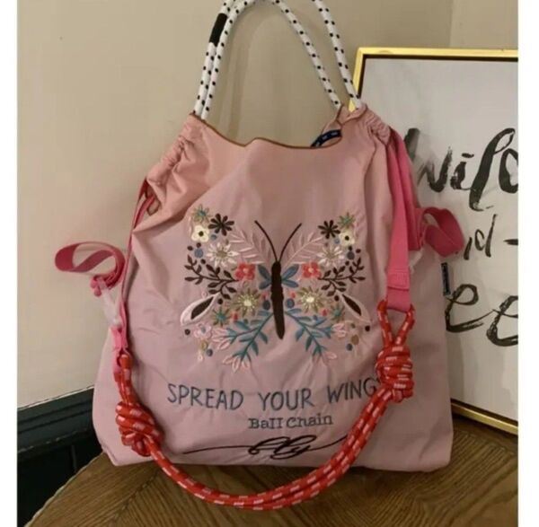 刺繍エコバッグ ストラップ付き ピンク 蝶 お花 Mサイズ トートバッグ ショルダーバック かわいい