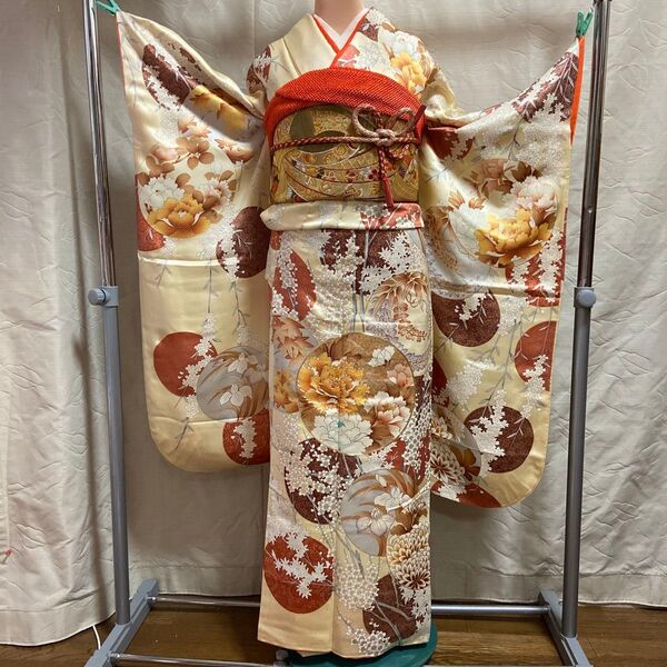 振袖セット 袋帯 長襦袢 正絹 帯締め 帯揚げ 和服 和装 和物 扇面 牡丹 薄い黄色地