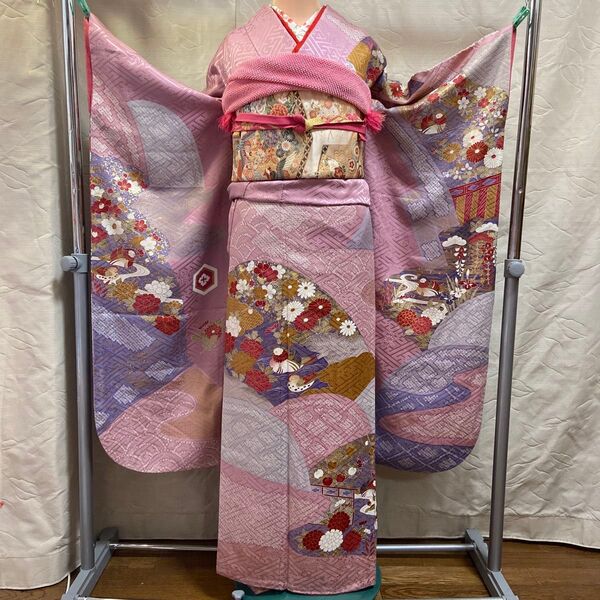 振袖セット 成人式 正絹 袋帯 長襦袢 帯締め 帯揚げ 和装 和物 和服 花車 薄紫地 高級品