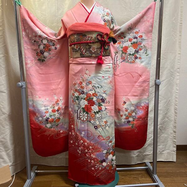 A 振袖6点セット 正絹 ピンク 袋帯 長襦袢 帯締め 帯揚げ 伊達襟 成人式