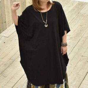 新品 ゆったりワンピース インド綿 HB エイチビー 膝丈 フレンチスリーブ ドルマン風 ブラック 綿スラブ