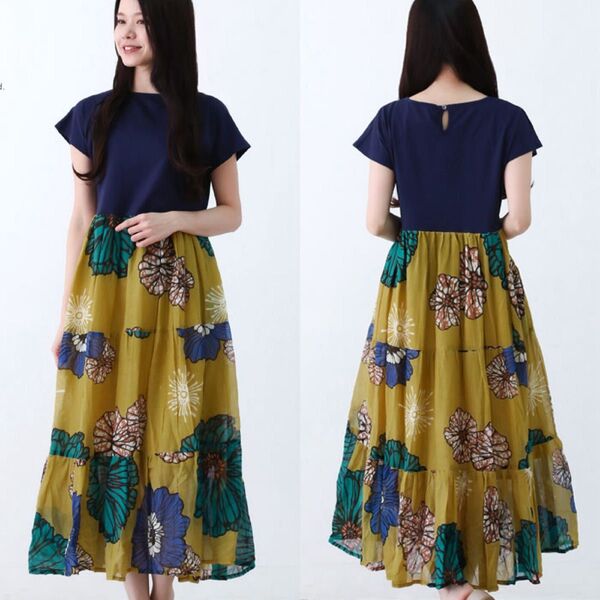 切替ワンピース インド綿 新品 花柄 チュニック 大柄 アジアン HB ロングワンピース ロングドレス 半袖ワンピース 小花柄