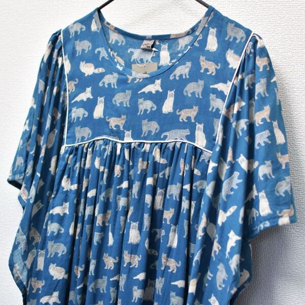 ワンピース ドレス インド綿 新品 猫 ゆったり フリーサイズ HB ロングワンピース Aライン ギャザー ドレープ ブルー