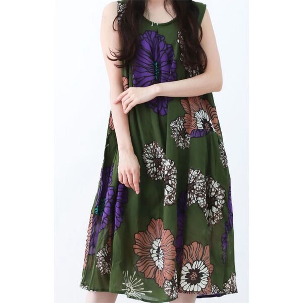 ロングワンピース 花柄 インド綿 新品 ノースリーブ Aライン