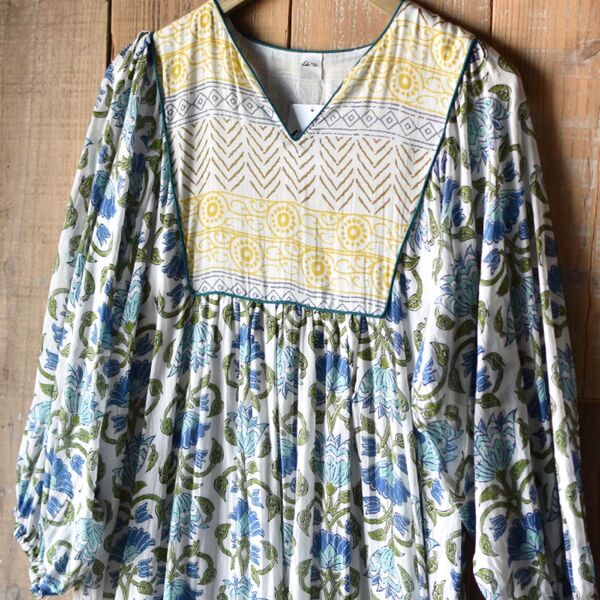新品 インド綿ワンピース 花柄 アジアン エスニック ブロックプリント