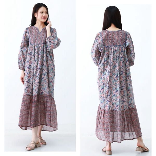 新品 インド綿ワンピース 花柄 アジアン エスニック ブロックプリント