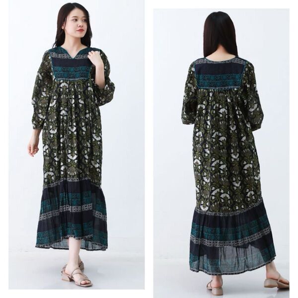 新品 インド綿ワンピース 花柄 アジアン エスニック ブロックプリント