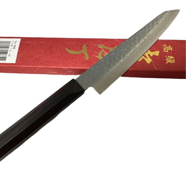 實光刃物 槌目ダマスカス 切付ペティナイフ140mm 黒檀八角柄 VG10 包丁
