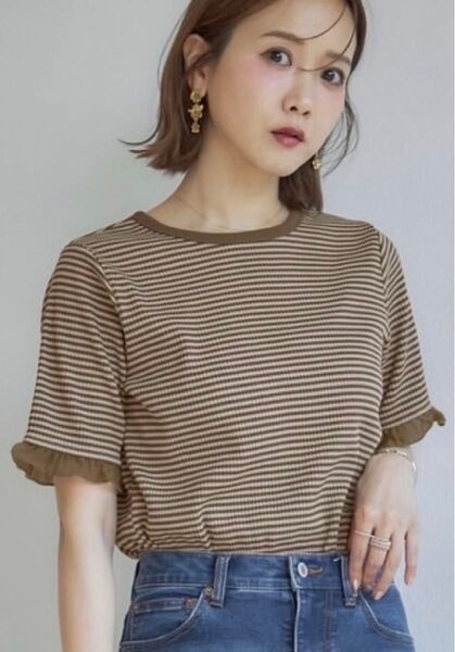 未使用 しまむら mysa closet テレコボーダーTシャツ L 田中里奈 ボーダー トップス 淡茶 ブラウン キャメル