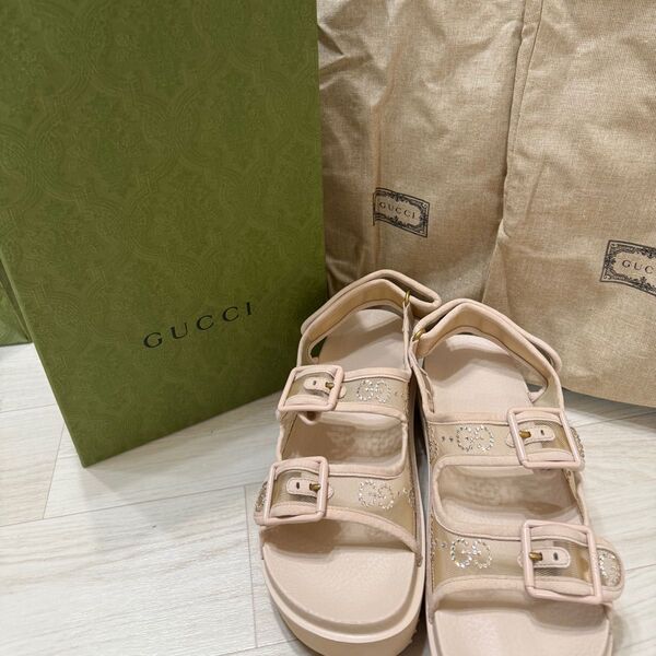 グッチ メッシュ GGビジュートリム ロゴ フラット サンダル ベージュ 38 GUCCI スポーツサンダル