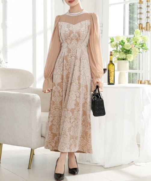 Lace Ladies ダマスク柄 シフォン ドッキング キャンディ スリーブ ワンピース 長袖ワンピース S ベージュ ドレス