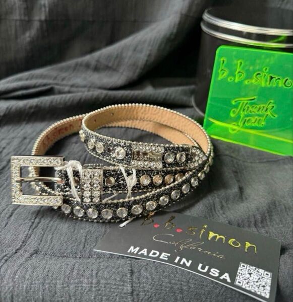 b.b.simon スタッズ ベルト クリスタル studs belt ビービーシモン レザー ブラック