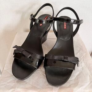 PRADA プラダ エナメル リボン サンダル プラットフォーム ウエッジ 黒 ストラップ ヒール
