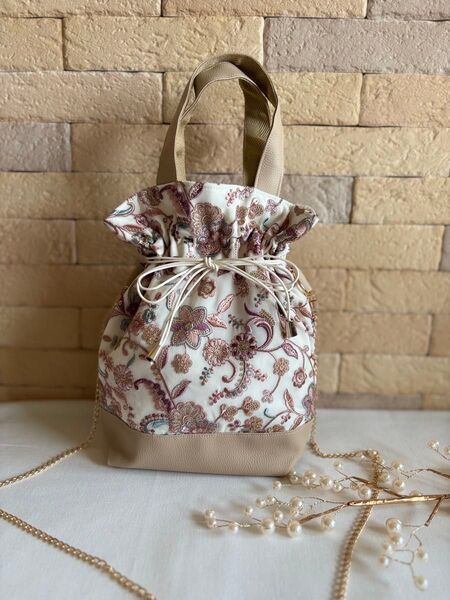 巾着バック*インド刺繍シフォン生地*ショルダーバッグ*フェイクレザー*持ち手付き