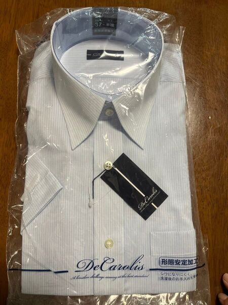 De Carolis ワイシャツ 37-半袖 形態安定加工 新品 未使用 ブルー系 ストライプ