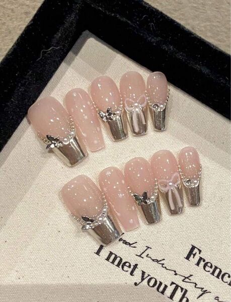 ネイルチップ コフィン型 おまけつき リボン ハンドメイド つけ爪 Mサイズ