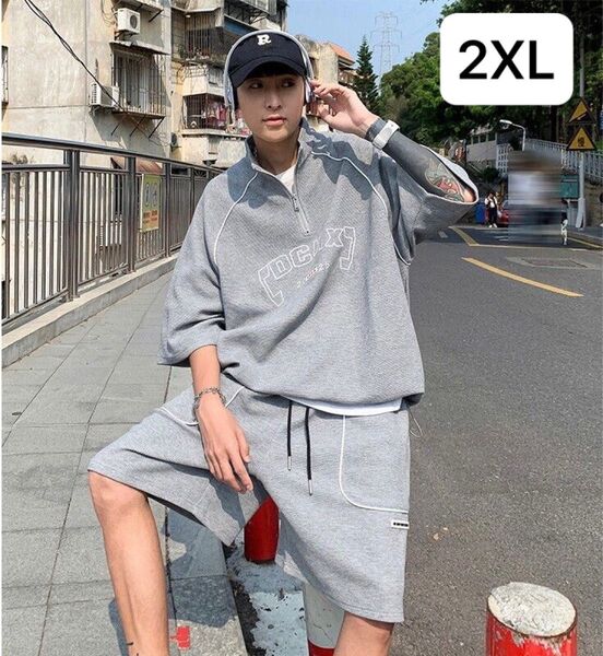 JSAS017メンズ 上下セット セットアップ Tシャツ+短パン 2点セット 総大きいサイズ 半袖 夏 重ね着風 ゆったり