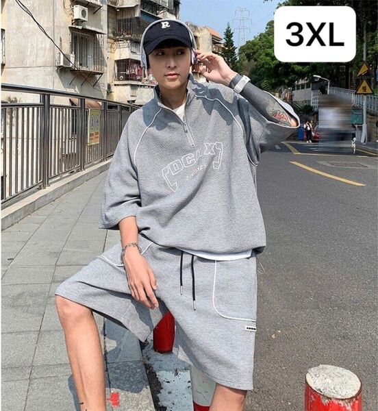 JSAS017メンズ 上下セット セットアップ Tシャツ+短パン 2点セット 総大きいサイズ 半袖 夏 重ね着風 ゆったり