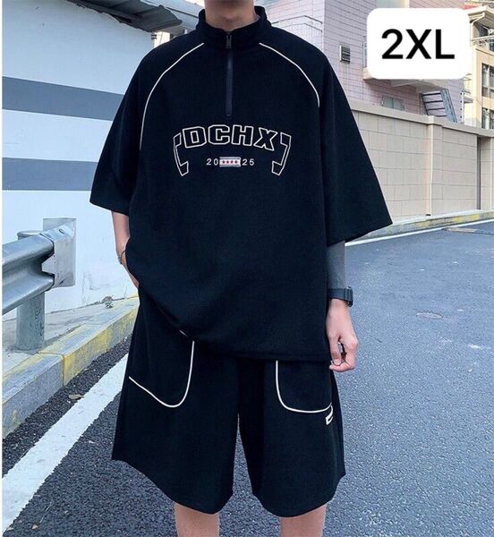 JSAS017メンズ 上下セット セットアップ Tシャツ+短パン 2点セット 総大きいサイズ 半袖 夏 重ね着風 ゆったり