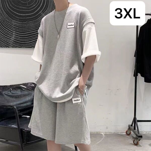 JSAS013 メンズ 上下セット セットアップ Tシャツ+短パン 2点セット 総大きいサイズ 半袖 夏 重ね着風 ゆったり