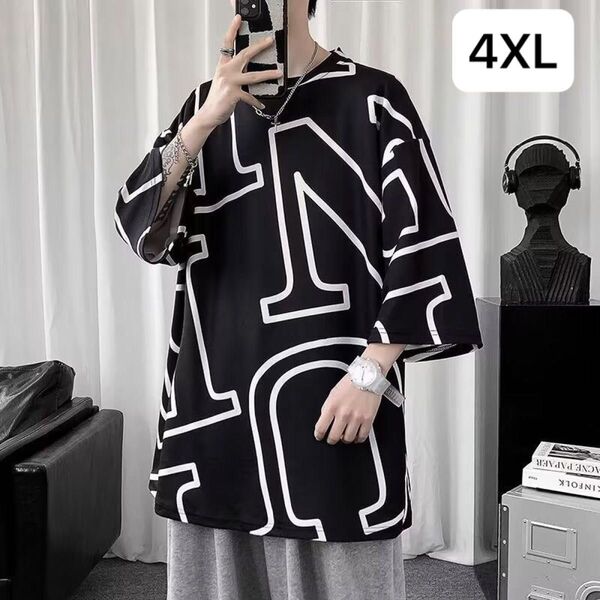 JUAS034メンズtシャツ ティーシャツ 韓国風 七分丈袖 丸首 大きいサイズ ゆったり 英文字 総柄 夏