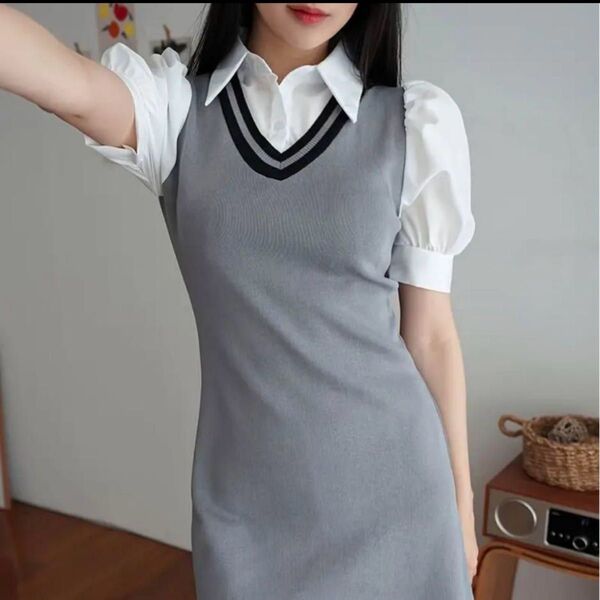 SHEIN シーイン シャツ グレー パフスリーブミニワンピ 韓国