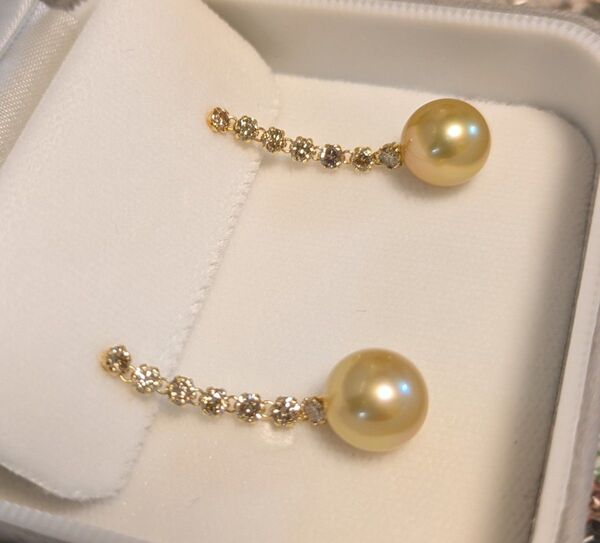 南洋真珠 ナチュラルゴールドカラー 白蝶 天然ダイヤモンド1ct K18 パール ピアス ロングピアス 未使用 花珠鑑別書 素敵!