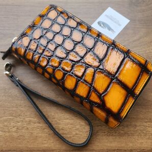 ☆【実物撮影】☆ ダブルファスナー クロコダイル 長財布 ダブルジップ 新品 一枚革 目地染め