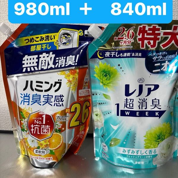 大容量柔軟剤2点セット ハミング消臭実感 オレンジ&フラワーの香り 柔軟剤 詰替用 980ml レノア840ml