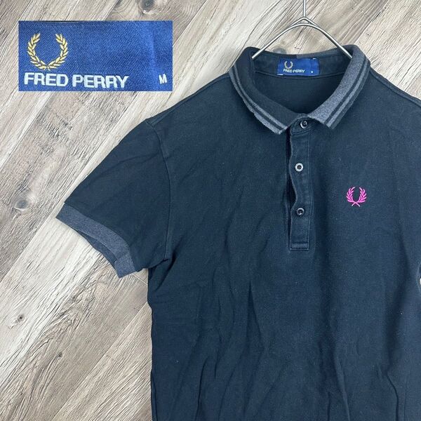 古着 FREDPERRY フレッドペリー 半袖 ポロシャツ 刺繍ロゴ M ブラック 黒 ユニセックス 鹿の子