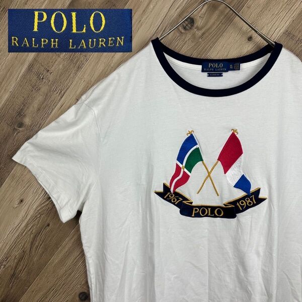 希少 POLO RALPH LAUREN ポロラルフローレン クロスフラッグ 20周年記念 半袖 Tシャツ XL 刺繍 古着