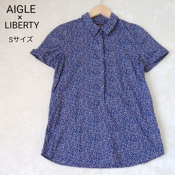 AIGLE リバティ コラボ 半袖 シャツ ブラウス レディース 36 S ネイビー 花火 コットン 綿 隠しボタン