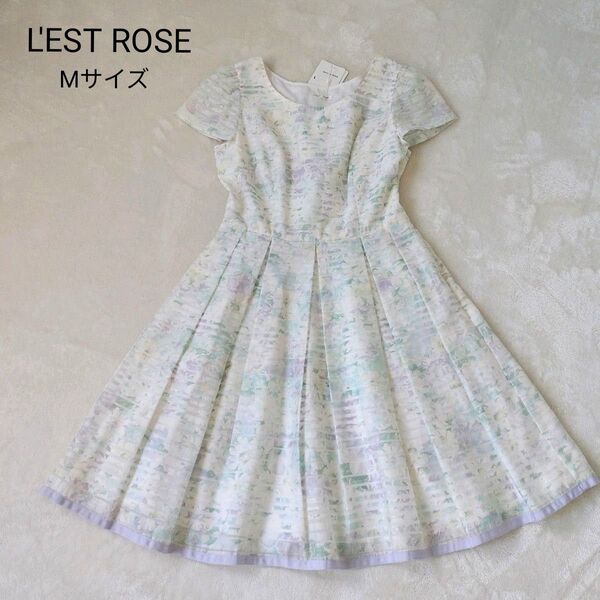 【未使用】L'EST ROSE 花柄ワンピース 半袖 膝丈 バックリボン Aライン M 姫系 ガーリー ホワイト パープル シアー