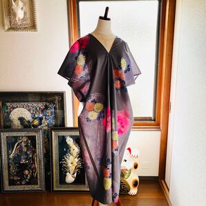 ④寛斎 浴衣ワンピース 新品 反物から 着丈125センチ和モダン浴衣
