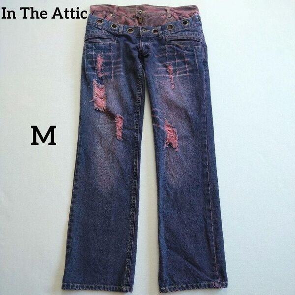 In The Attic ダブルウエストストレートパンツ ダメージ加工 M インジアティック 赤紫